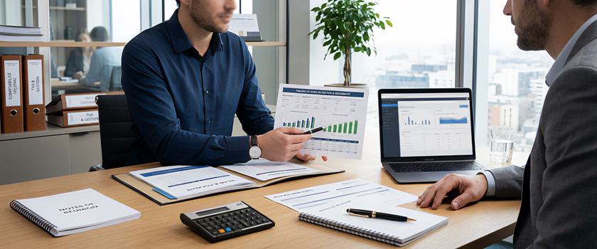Expert-comptable accompagnant une entreprise dans sa comptabilité, fiscalité et gestion