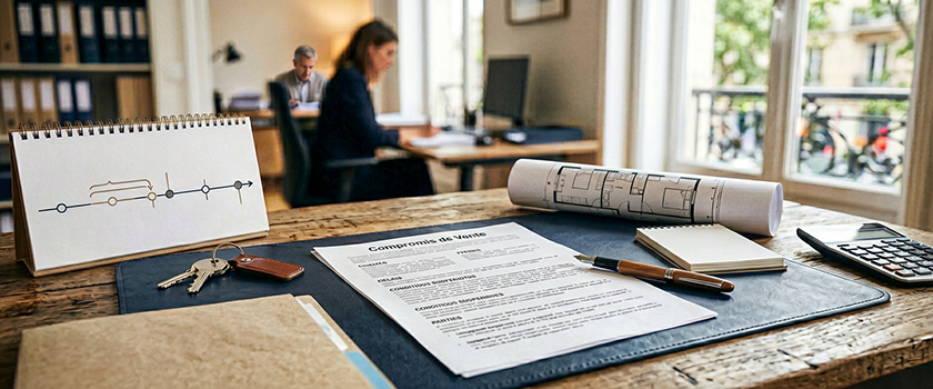 Compromis de vente immobilier avec clauses, délais, conditions suspensives et signature
