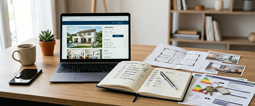 Lecture d’une annonce immobilière avec critères de prix, surface, localisation et visite