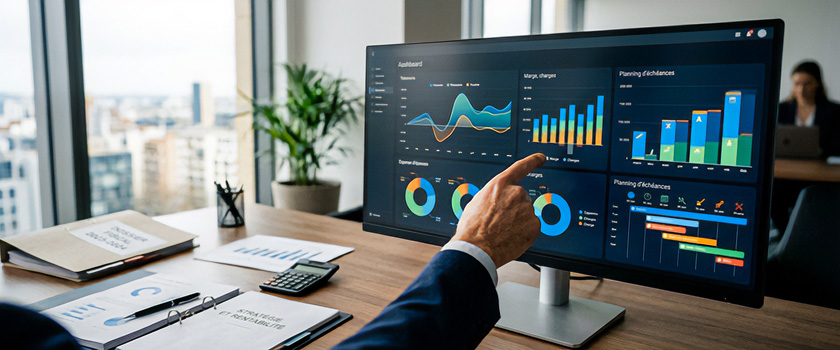 Tableau de bord comptable avec indicateurs financiers, trésorerie et pilotage d’entreprise